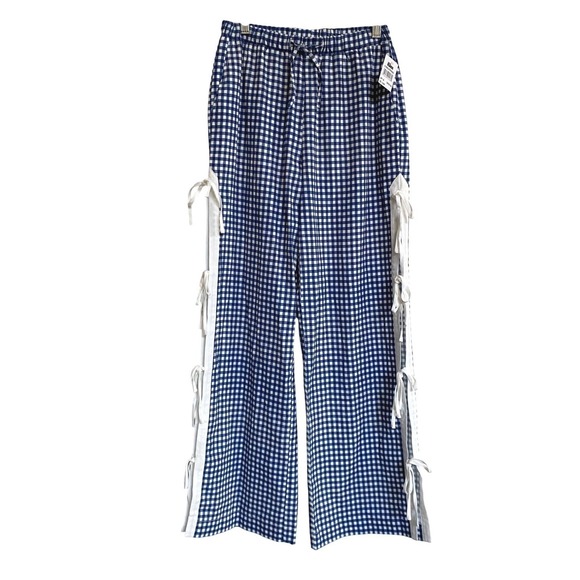 Avec Les Filles Side Tie Gingham Drawstring Pants XS Navy White Gingham NWT - Picture 9 of 16